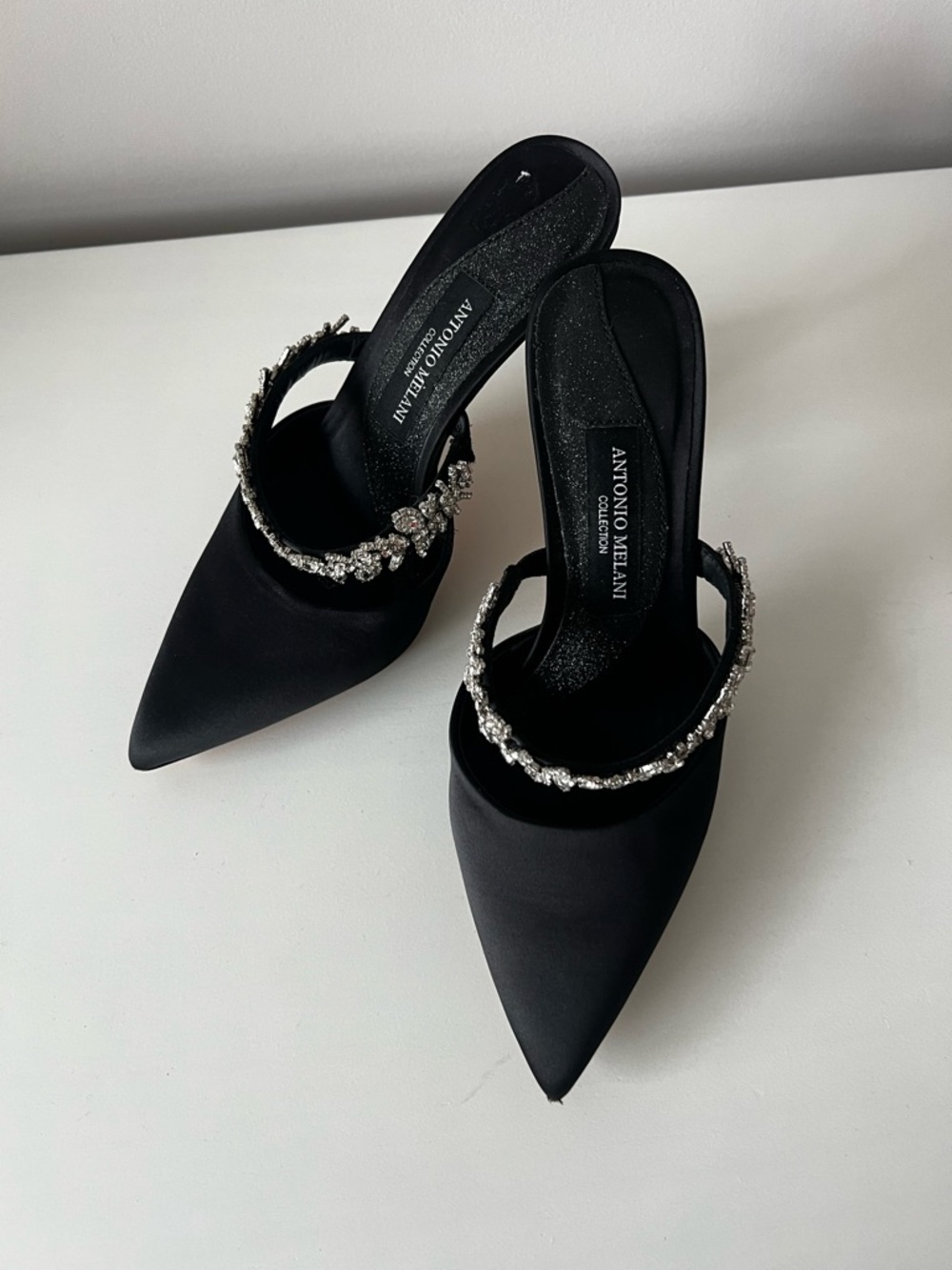 ANTONIO MELANI Black Satin Pointed Toe Heels with Crystal-Embellished Strap - Picture 10 of 10